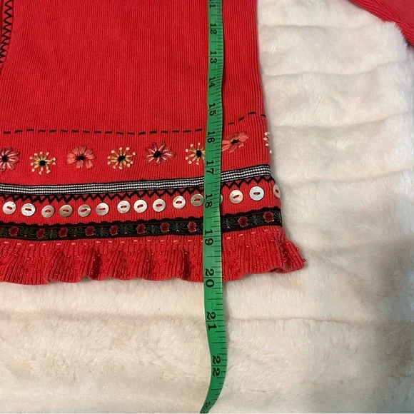 Icelandic Design M Coral Pink Red Floral Embroidered Sequin Full Zip Cardigan - Picture 8 of 13